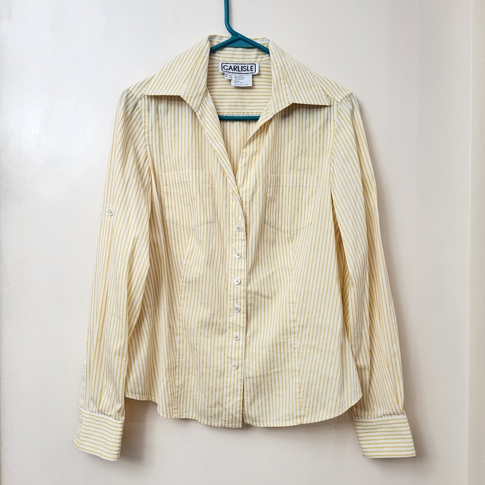 Y2K 90s Vintage Carlisle Size 6 Cotton Yellow Striped Button Up Shirt Blouse